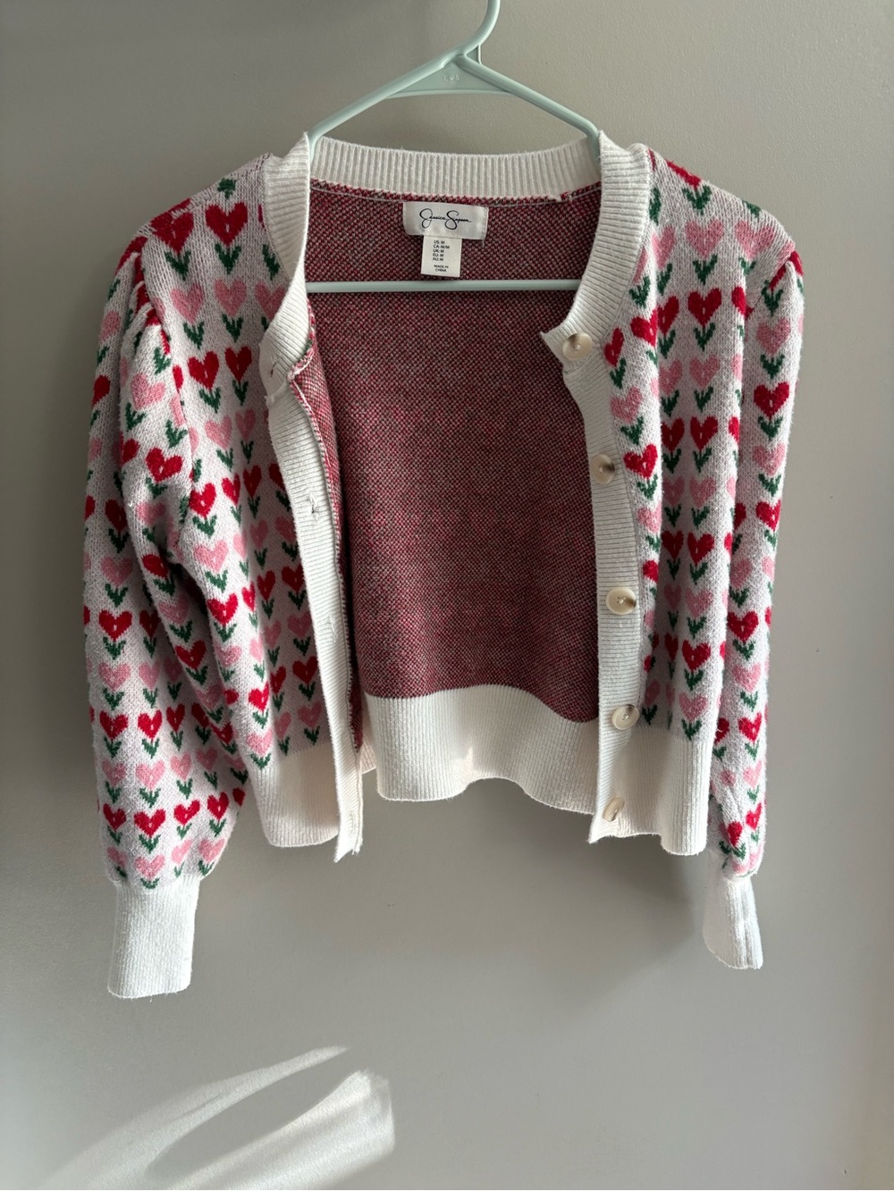 Jessica Simpson Pink Heart Print Cardigan with Red & Green Accents